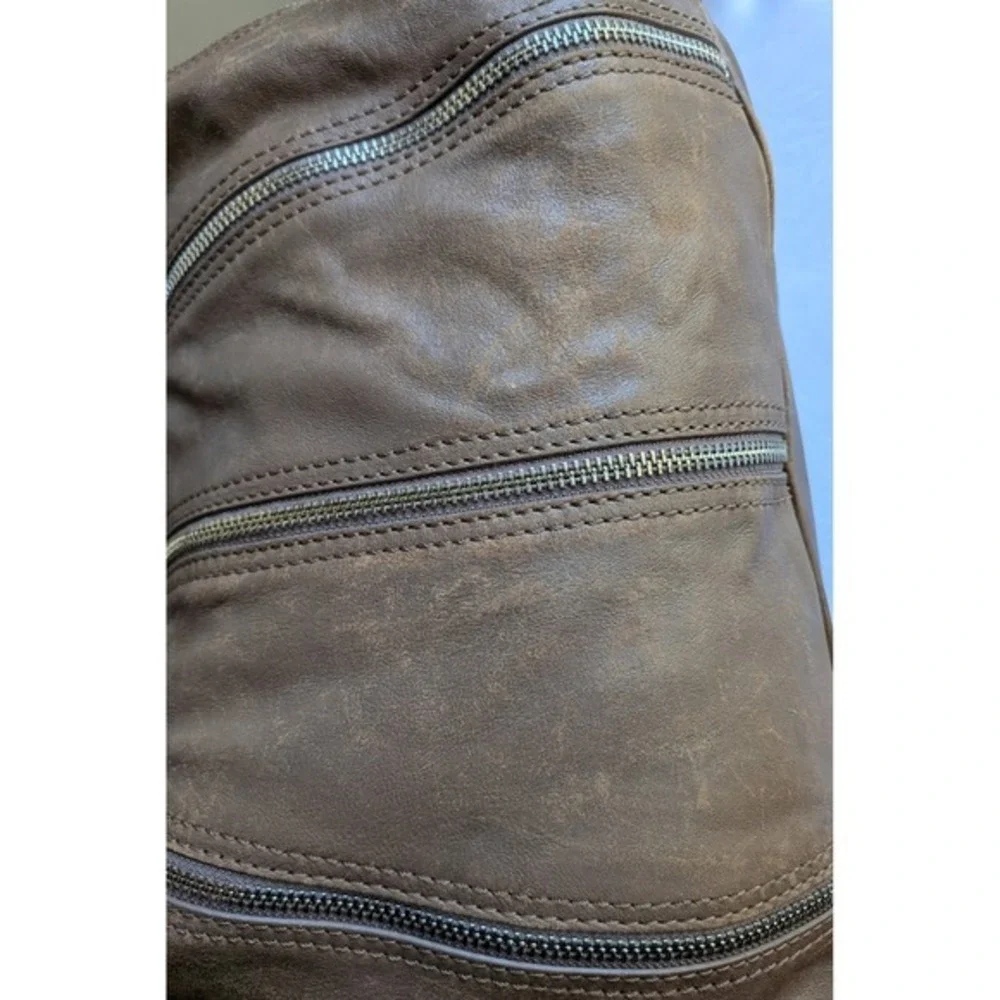 Michael Kors Hobo Shoulder Bag Side Expandable Zippers Distressed Leather Beige